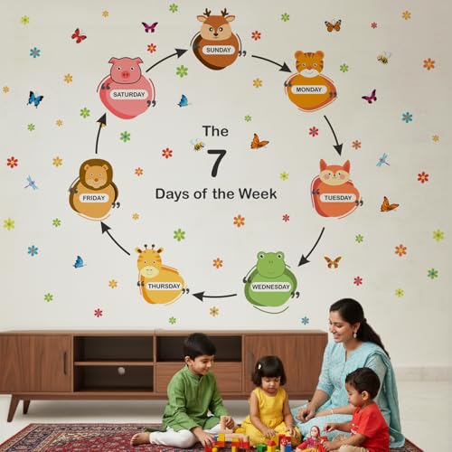 Image of StickMe '7 Days of The Week Animals Baby Kids Learning Education NurseryPre School Kinder Garden Colorful Wall Sticker' (Multi Colour, Vinyl) (Standard Extra Large - 220 x 190 cm)