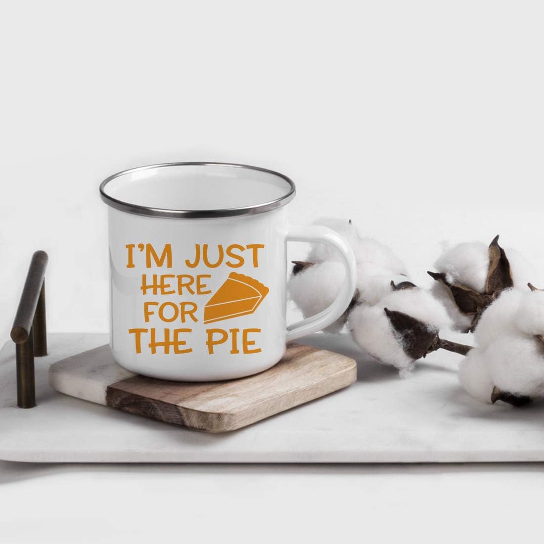 Andaz Press Fall Autumn Season 11oz. Stainless Steel Campfire Coffee Mug Gift, I'm Just Here for The Pie, Pumpkin Pie Slice Graphic, 1-Pack, Enamel Camp Thanksgiving Themed Birthday Gift Ideas