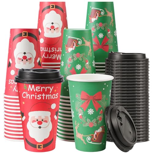 Lamosi Christmas Cups, 100 Pack 16 oz Christmas Disposable Coffee Cups with Lids, To Go Coffee Cups with Lids for Hot/Cold Beverage Drinking Xmas Holiday Party