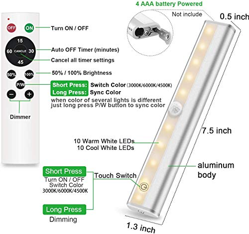 Szokled Under Cabinet Lighting Battery Operated Wireless Remote Control 20-Led Closet Lights Kitchen Counter Light Bar Stick On For Wardrobe. Hallway, Stairs, 3 Color 5 Pack #TOP2