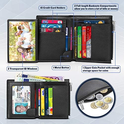 wilbest® Wallet Mens RFID Blocking with Zip Coin Pocket, Genuine Leather Trifold Vertical Wallets for Men with 12 Credit Card Holders (2 ID Windows) and 2 Banknote Compartments with Gift Box- Black