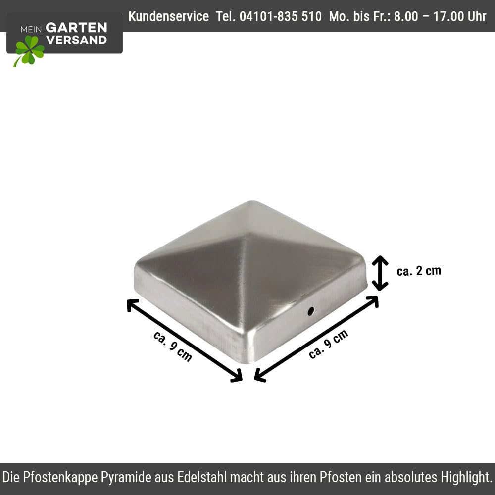 10× Pfostenkappe Edelstahl 9×9 cm (91×91 mm) – rostfreie Pyramiden-Abdeckung für Holzpfosten – witterungsbeständige Zaunkappe/Pfostendeckel aus Edelstahl für 9×9 Kantholzpfosten