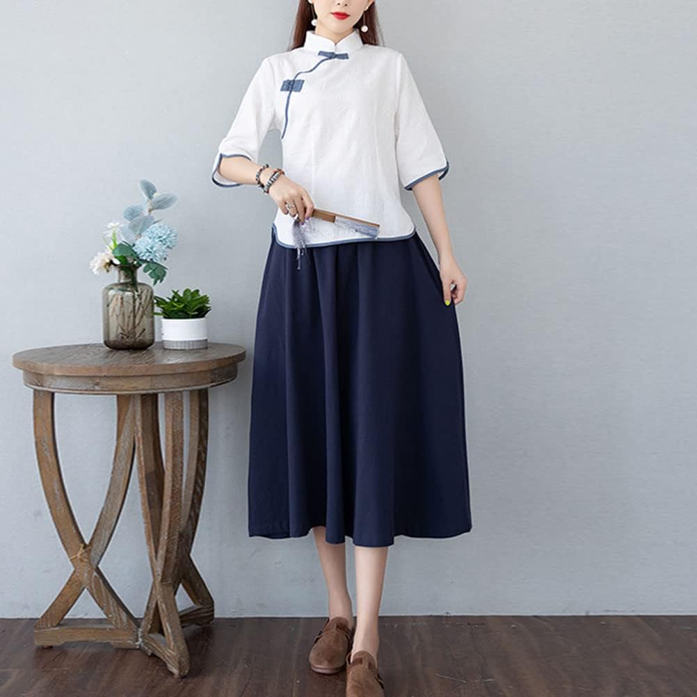 Women's Tang Dress Outfit Mandarin Collar Qipao Top Tea Length Skirt 19th Century Chinese Traditional School Girl Costume