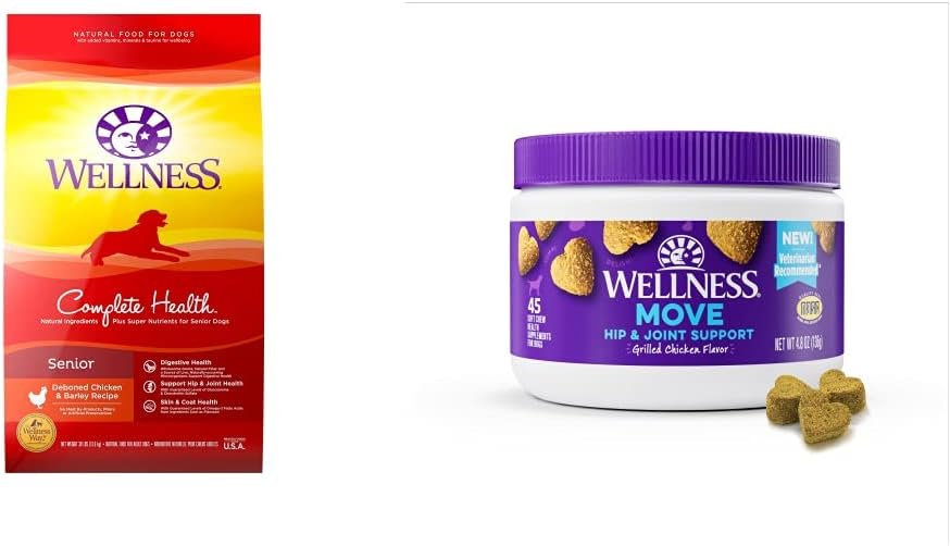 Wellness Complete Health Senior Food + Supplements Bundle: Dry Dog Food with Grains (Chicken & Barley, 30-Pound Bag) + Wellness Hip & Joint Health Soft Chew Dog Supplements, Grilled Chicken, 45 Count