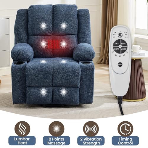 Image of Oversized Linen Power Lift Recliner for Elderly | Electric Stand Assist Chair with Massage Heat & 2 Cup Holders | 155 Lay Flat Recliner for Living Room,Dark Blue