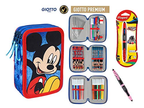 Preisvergleich Produktbild Federmäppchen, Kunsthandwerk, Premiumborste, 3-stöckig, mit Reißverschluss, Mickey Mouse, 43 Teile, Inhalt Giotto + Geschenk