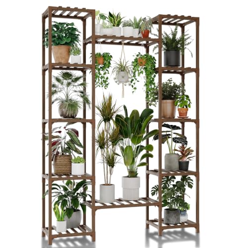 GENTINGBRO Plant Stand Indoor Outdoor 62.2“ Tall Plant Shelf Large Tiered Flower Stands for Multiple Display Wood Hanging Planter Holder for Living Room Garden Balcony Patio Decor