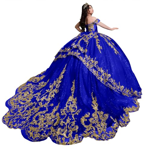 Luxury Gold Applique Quinceanera Dresses Off Shoulder Sweet 16 Dresses Layered Tulle Bow Dress with Train