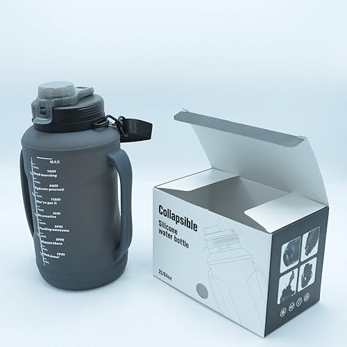 Miniatura 12 de Botella de agua plegable de 64 onzas con popote y marcador de tiempo motivacional, botella de silicona reutilizable de medio galón con cuerda de asa