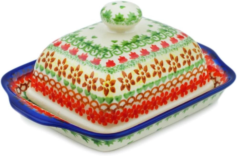 Polmedia Polish Pottery Butter Dish - Cheerful Fall Pattern Handmade in Boleslawiec Poland by Ceramika Bona + Certificate of Authenticity