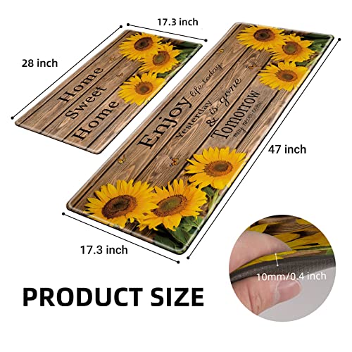 Chiinvent Sunflower Kitchen Rugs, Farmhouse Style Kitchen Quotes Grey Wood Background Kitchen Mats, Non-Skid Washable Anti-Fatigue Kitchen Comfort Standing Mats For Floor 2 Pieces,17.3X28+17.3X47 Inch #TOP1