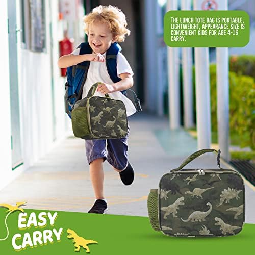WAWSAM Camo Dinosaur Lunch Bag - Insulated Lunchbox for Boys Kids School Camouflage Dinosaur Lunch Tote with Handle and Pocket for Food Bento Box Snake Daycare Preschool Travel Picnic