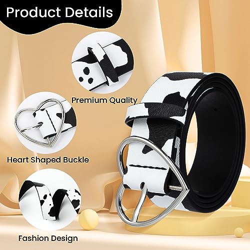 TXIN Cow Print Belt with Heart Buckle for Women Girls, Fashion Punk Waist Belt Skinny Waist Band Strap for Dress Jeans3