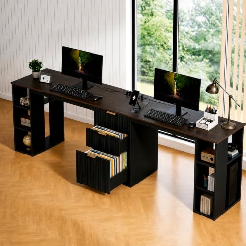 NORTHSKY 96.5 2 Person Desk with Power Outlet & USB Ports Double Computer Desk with Drawers & Storage Shelves Modern Fluted Gaming Desk for Home Office Black