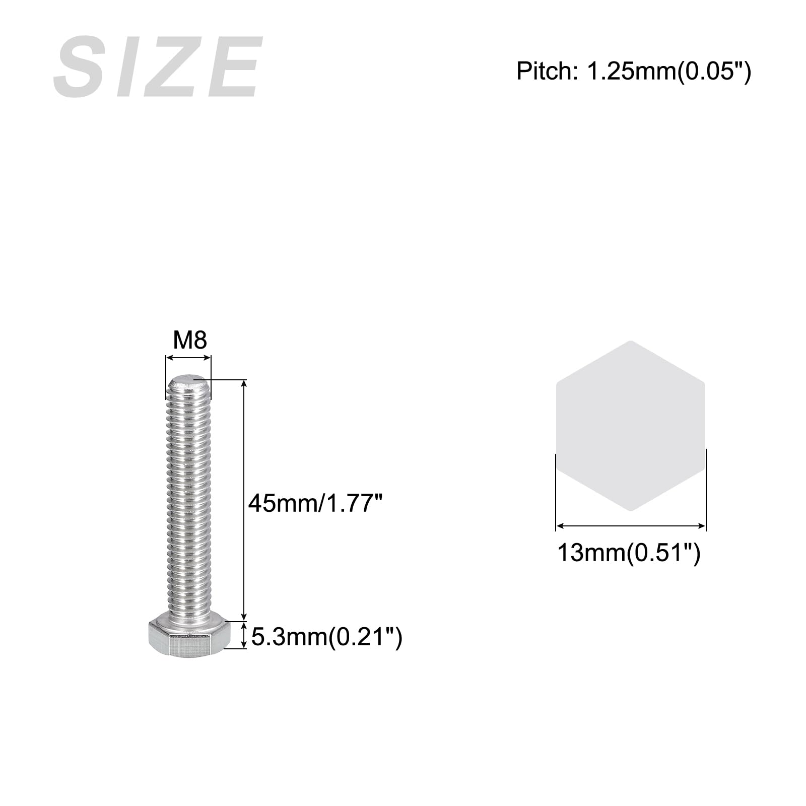 METALLIXITY Hex Bolts (M8-1.25x45mm) 10Pcs, 304 Stainless Steel Coarse Fully Threaded Hex Head Screw Bolt Machine Screws - Image 2