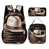 YJWANDO Conjunto de mochila 3 em 1, conjunto de lancheira com estampa de chapéu de rodeio do oeste americano com lancheira, conjunto de lancheira pequena
