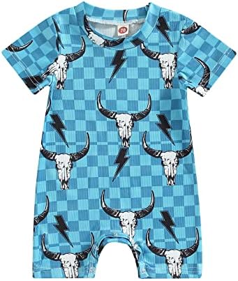 Western Baby Boy Girl Clothes Newborn Cow Print Romper Jumpsuit Short Sleeve One Piece Bodysuit Playsuit Summer Outfit (Blue Bull Head Plaid, 12-18 Months)