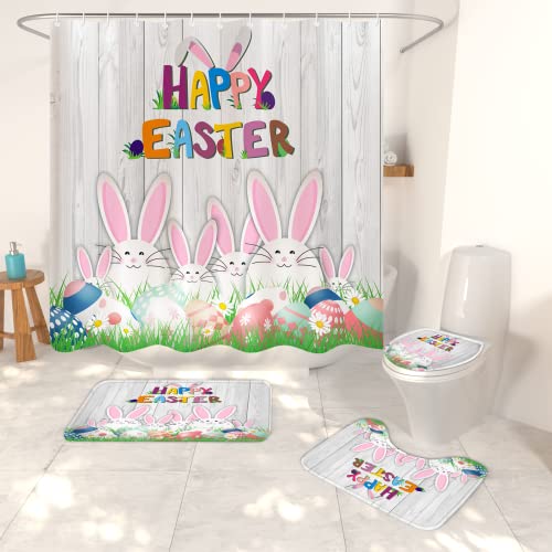 ZOUARU Happy Easter 4Pcs Shower Curtains Set with Non-Slip Rugs, Toilet Lid Cover and Bath Mat, Funny Easter Decoration Fabric Bathroom Curtain with 12 Hooks 72 x 72 Inch ZOUARU Happy Easter 4Pcs Shower Curtains Set with Non-Slip Rugs, Toilet Lid Cover and Bath Mat, Funny Easter Decoration Fabric Bathroom Curtain with 12 Hooks 72 x 72 Inch