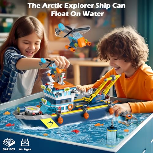 HOGOKIDS City Schwimmfähiges Boot Baukasten mit LED Licht - Spaß Arctic Explorer Schiffs Baustein Ozean Exploration mit Hubschrauber U-Boot Geburtstags Geschenk für 6+ Jahre alte Jungen Mädchen Kinder