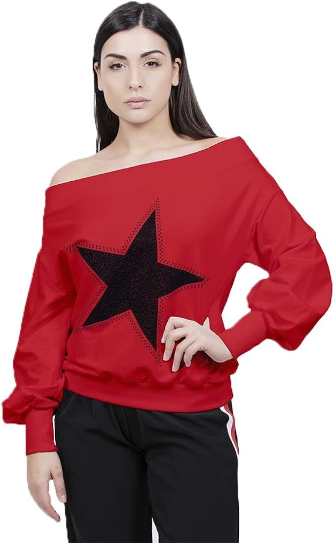Paola T. Felpa Donna con Scollo a Barca Maniche Lunghe con Stella Rossa  Nera o Bianca : Amazon.it: Abbigliamento