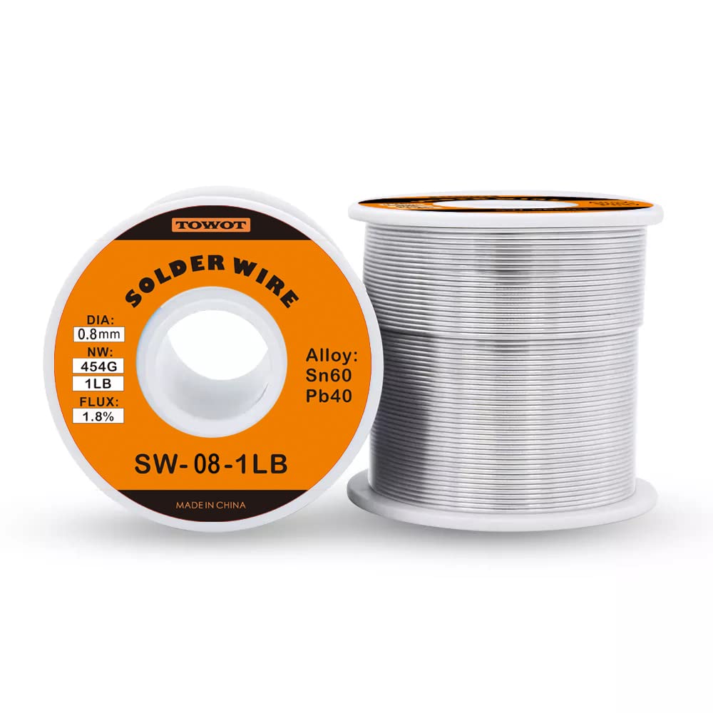 TOWOT Tin Lead Rosin Core Solder Wire for Electrical Soldering, Content 1.8% Solder Flux Sn60-Pb40 (0.8mm-1lb)