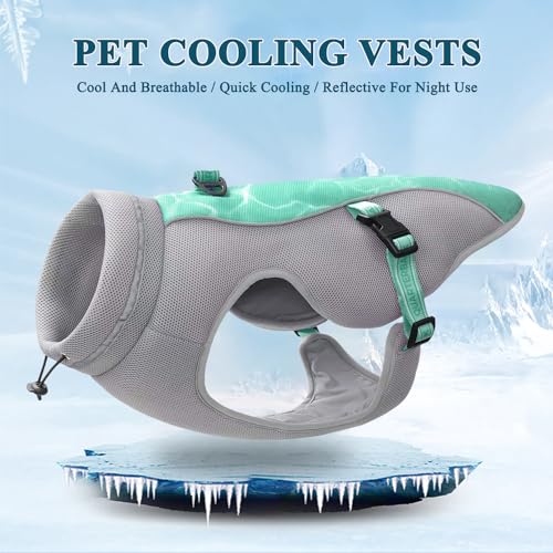 Verbesserte Hundekühlweste mit Sonnenschutz - Atmungsaktive Mesh-Weste für Hunde - Reflektierende Streifen, verstellbare Gurte, mit D-Snap-Geschirr - Ideal für kleine, mittlere und große Hunde, Grün
