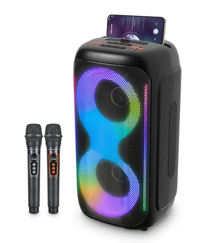 GKD40 Portable Karaoke Machine for Kids & Adults Bluetooth Speaker with PA System 2 Wireless Rechargeable Microphones LED Party Speaker with 4 Woofers & LED Light for Home Outdoor Party & Singing
