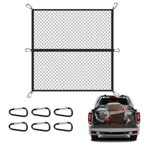 Foldable Cargo Net for Pickup Truck Bed,4' x 4' Ultra Strong Stretch to 8'x8' Truck Bed Organizer Includes 6 Pcs Carabiner Clips,Dual Use Cargo Net for Trucks SUV Car Trunks Organizer