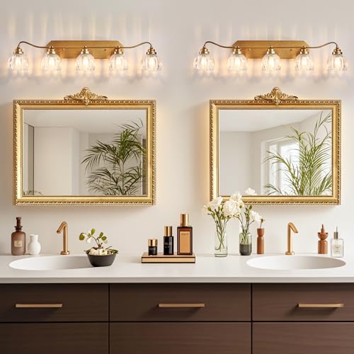 Image of Vintage Bathroom Light Fixtures, 5 Light Gold Bathroom Vanity Light, Matte Antique Brass Finish with Crystal Glass Shade, Wall Sconces Lighting for Bedroom, Living Room, Hallway