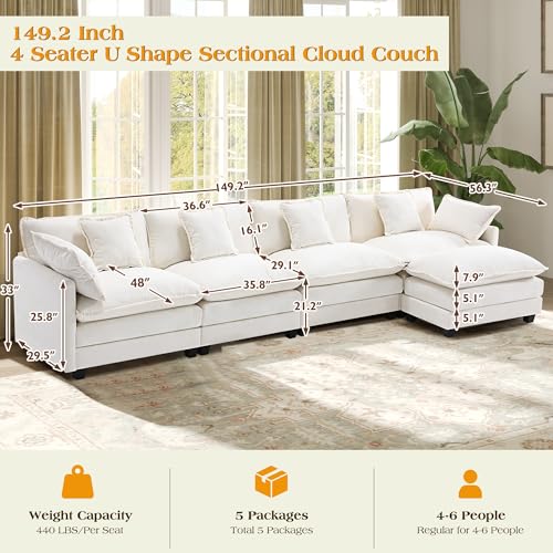 Image of 149.2 inch Modular Sectional Sofa,L Shaped Couch for Living Room,Modern Deep Seat Sofa 4 Seater Chenille Fabric Comfy Cloud Couches with Throw Pillows & Movable Ottoman