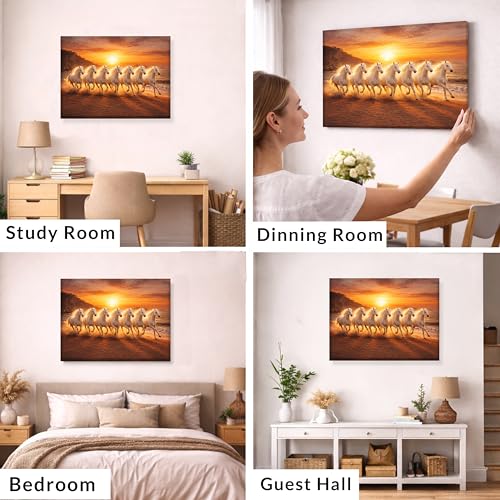 Image of Rousrie Big Size 7 Horses Vastu Frame Wall Art Painting, White Running Horses on Water, Rising Sun Wall Decor, Multicolor (45 cm x 60 cm)
