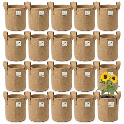 Image of 400 GSM Geo Fabric Round Grow Bags 15x15 Inch with Handle, Camel Color Planting Bags for Terrace and Kitchen Gardening Pack of 20