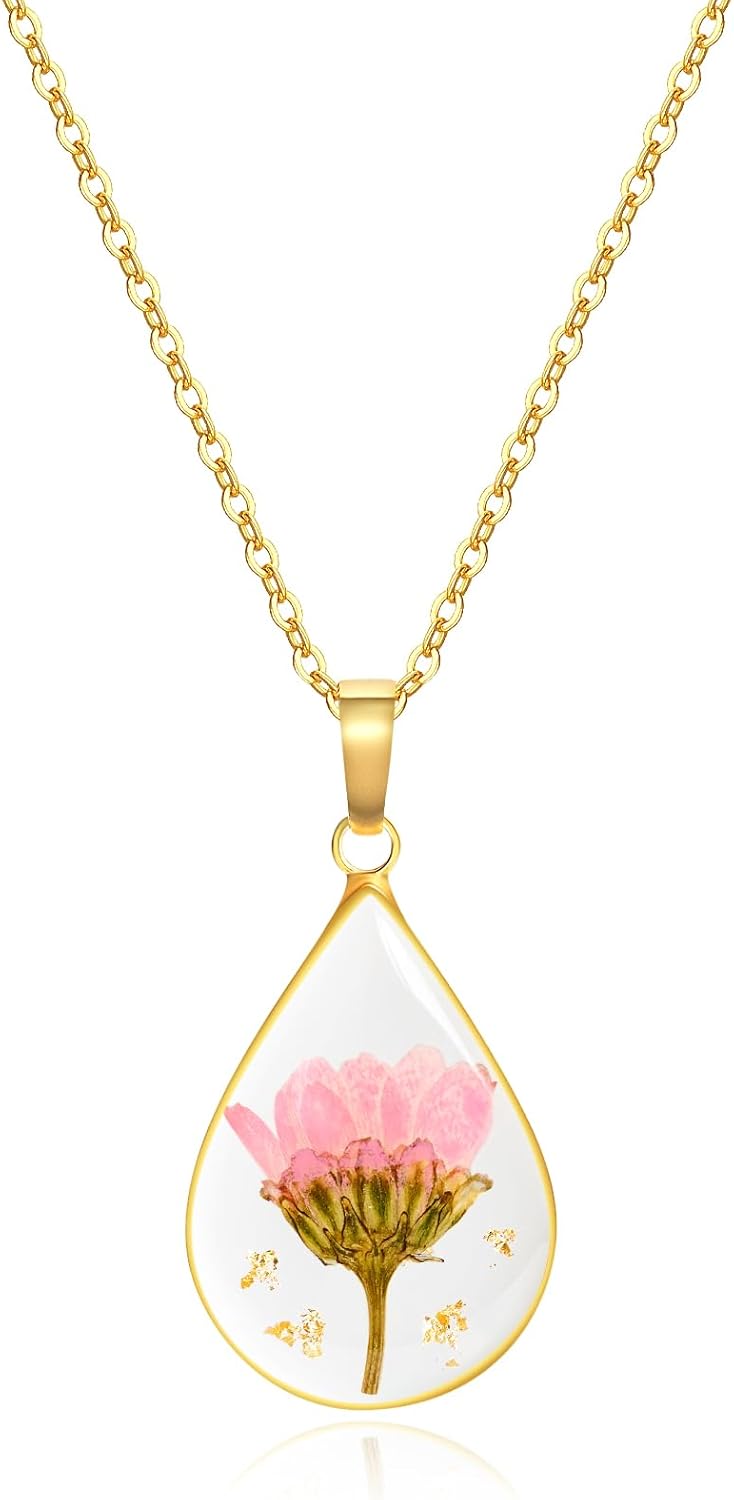 jayden Birth Flower Necklace for Women,Real Pressed Flower Necklace,Handmade Month Jewelry,Personalized Plant,Unique Holiday Gift,Teardrop Pendant - Gold | 18"