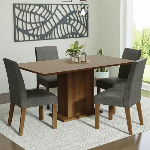 Image of Madesa 4 Seater Dining Set with Fully Cushioned Rectangular Table Top, Sturdy Wooden 160 Cm for Dining Room and Kitchen - Brown /Beige /Grey