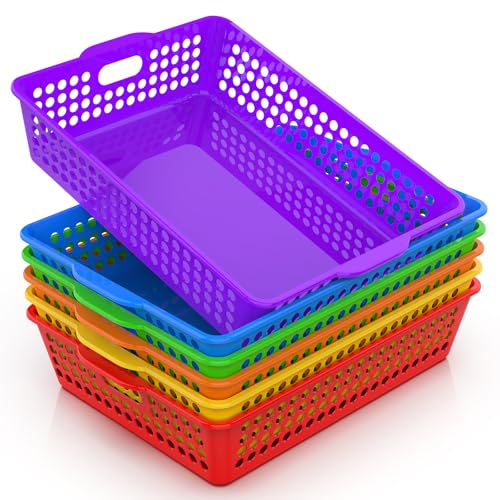QRRICA 6 Pack Plastic Classroom Storage Baskets, Paper Trays for Classroom Organization & Turn in Trays for Teachers, Students, Desk Organizer Bin 13.8x10.6x3.1 Inch (Rainbow)