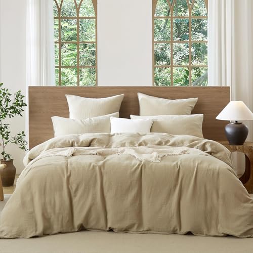 Lanqinglv Doppelte Musselin Bettwäsche 155x220 Baumwolle Kuschelige Leinenoptik ÖKO-TEX Bettwäsche Beige mit Reißverschluss und 1 Kissenbezug 80x80cm
