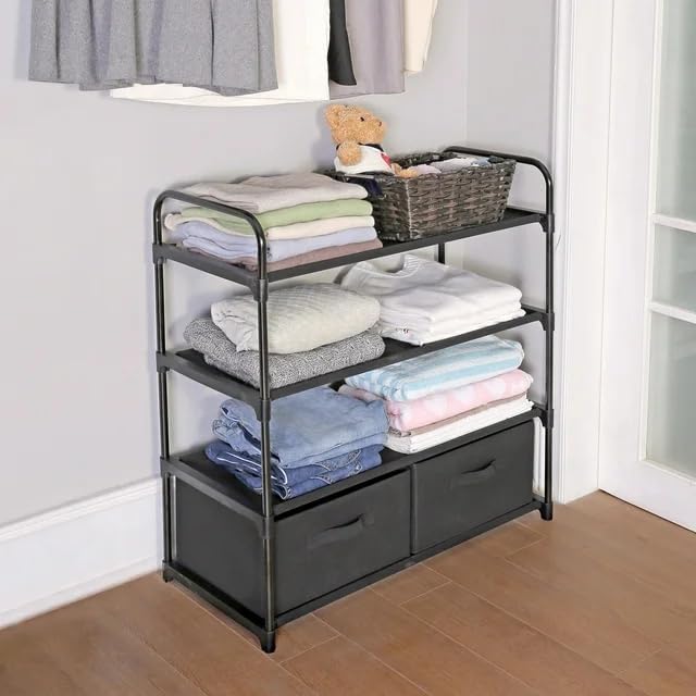 4-Shelf Closet Organizer with 2 Fabric Bins - Black Metal Frame Storage Unit for Bedroom or Entryway, Adjustable Shelves, Easy Assembly