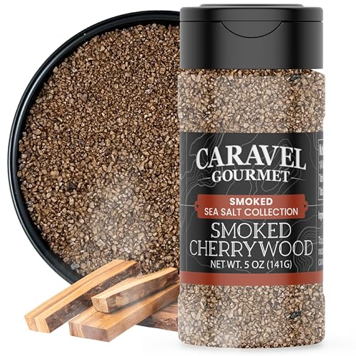 Smoked Cherrywood Sea Salt for Cooking and Grilling – Cold Smoked Salt with Robust and Smoky Flavor for Seasoning Meats & Vegetables – 5 oz Shaker by Caravel Gourmet
