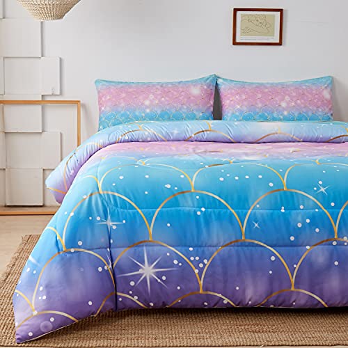 Image of Mermaid Fish Scales Bedding Comforter Set, Magical Colorful Seamless Pattern with Fish Scale net,Pink Blue Gold Colorful Mermaid Skin Surface,Comforter Sets with 2 Pillow Shams,Twin Size