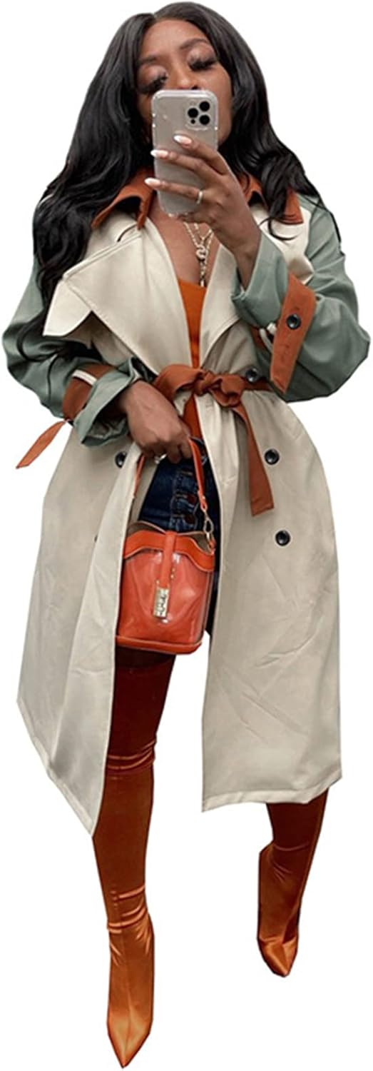 Recious Women Sexy Long Sleeve Lapel Double Breasted Trench Windbreaker Coat Jacket with Belt