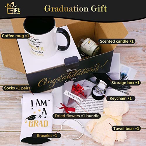 Giftamaz 2023 Graduation Gifts Set For Her, Congrats Grad Gift Basket Set Include Coffee Mug, Keychain, Bracelet, Candle & Flower For Senior College Graduated Women Girl Congratulations Birthday Gifts #TOP6