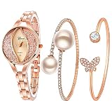 Souarts Geschenke für Frauen, Damenuhr Rosegold Strass Perlen Schmetterling Armreif Geschenkset, Damen Armbanduhr Schmuck Set für Geburtstag Weihnachten Muttertag(Rosegold)