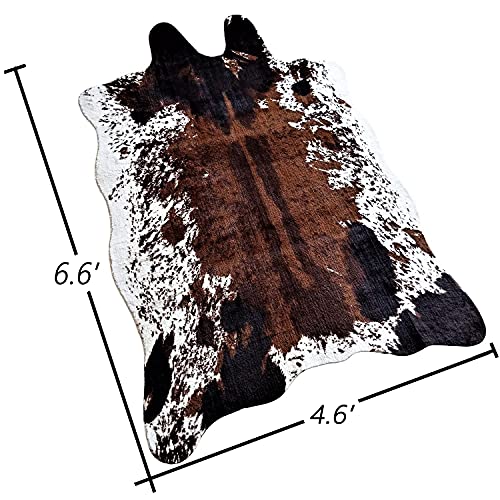 JACCAWS Faux Cowhide Rug Large (4.6ft x 6.6ft),Natural Pattern Tricolor Cow Print Rug,Bedroom Living Room Animal Hide Rugs Carpet with Non-Slip Backing. (Brown-Black-White, 4.6 x 6.6 FT)