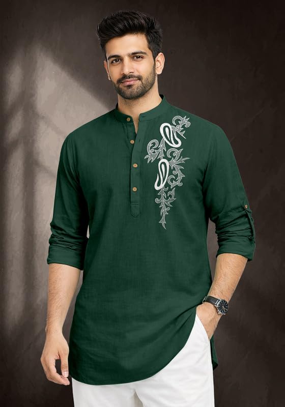 Image of Cotton Blend Self Design Printed Casual Short Kurta for Men Long Sleeve Mandarin Collar Stylish Kurta Shirt for Men