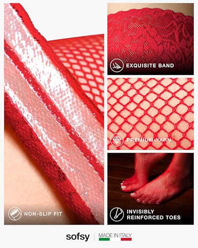 Image of sofsy Italian-Made Soft Fishnet Stockings for Women | 10-Year Hosiery Craftsmanship, Soft Dual Silicone Lace Top, Thigh Highs, Small Grid, Dig-Free, Stretchy