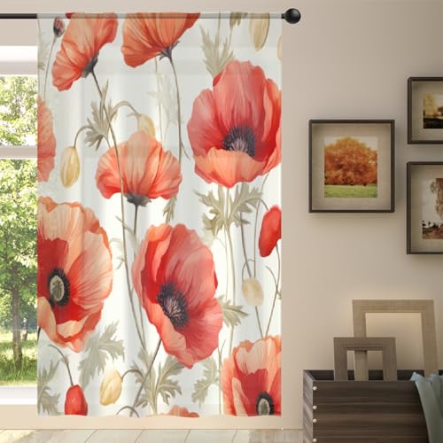 Mexpekil Voilage semi-transparent rétro avec motif coquelicot rouge pour salon, chambre à coucher, cuisine, 140 cm de large, 1 panneau