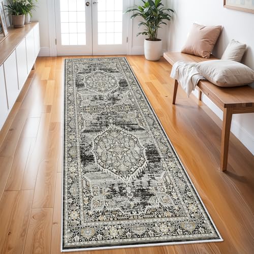 Washable Hallway Runner Rugs 3x8: Soft Ultra Thin Low Pile Carpet Machine Washable Indoor Lightweight Rug Runner Anti Slip Backing Rugs for Living Room Bedroom Kitchen 3'x8' Black