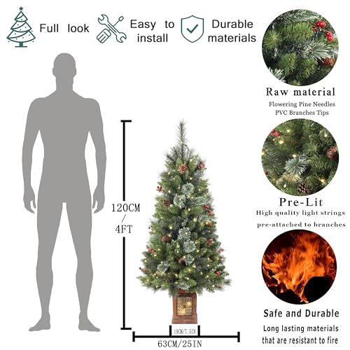 Pre-lit Artificial Christmas Tree 4ft, 256 Branches Tips Potted Decorated Pine Xmas Tree with LED Lights & 12 Red Berry & 12 Pinecone for Indoor Outdoor - Image 2
