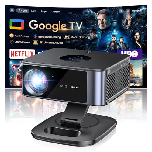 Beamer【Google TV/Autofokus & 1500 ANSI】 Full HD 1080P HORLAT Beamer 4K Heimkino mit WiFi 6, Bluetooth 5.3, HDR10, Sprachassistent, um 360° drehbarer Ständer Projektor