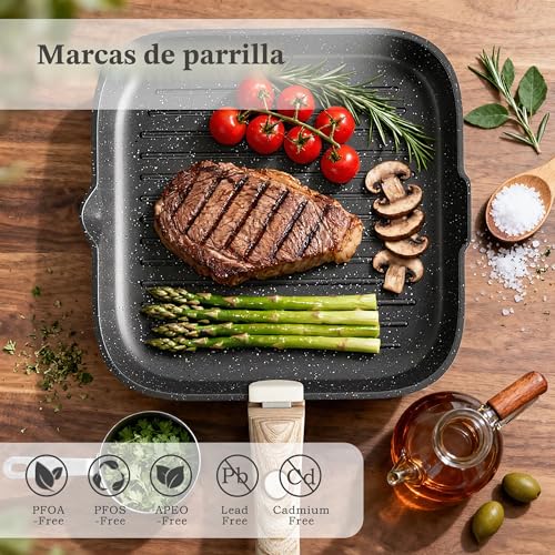 Miniatura 6 de Riovarm 28 Cm Inducción Sartén Grill Con Asas Desmontables Antiadherente Sartenes Para Asar A La Parilla Con Vertedor Sartén Para Filetes Sin Pfoa Para Todas Las Estufas Apto Para Lavavajillas Y Horno